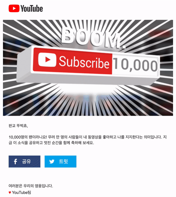 구독자 1만에 도달하면 구글로부터 이런 축하 메일이 온다.