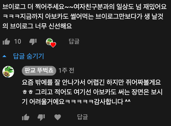 아보카도 자르는 vlog가 식상해진 한 시청자의 댓글.