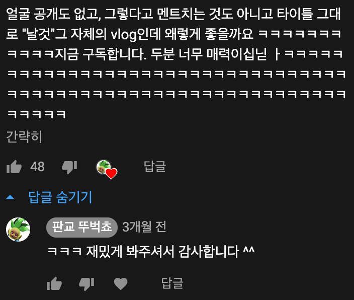 날것에 만족하는 한 구독자의 댓글.